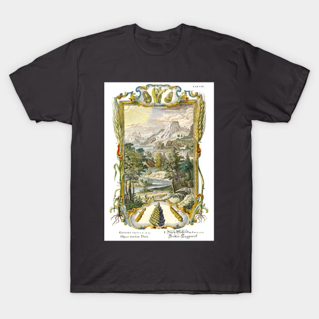 Mountains Ocean Stream - Work of the Third Day - Physica Sacra T-Shirt by Lumooncast